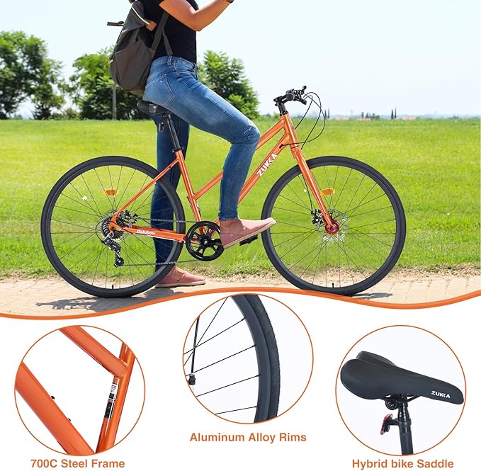 700C Road Hybrid Bike City Commuter Bicycle with 7 Speed/Front and Rear Disc Brakes/Steel Frame for Men Women Adult Available in A Variety of Colors