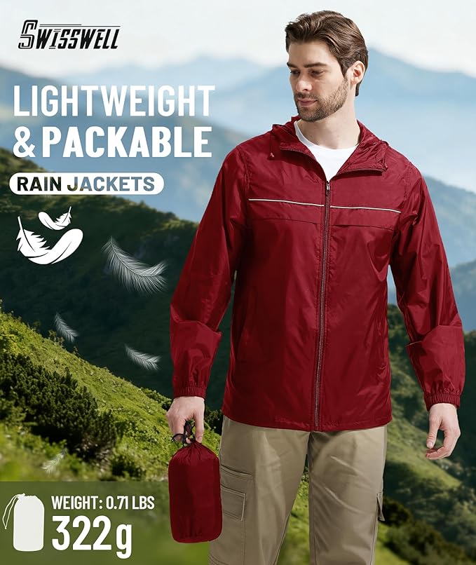 SWISSWELL Mens Rain Jacket & Coats Packable Lightweight Waterproof Windbreaker Hooded for Golf Cycling Hiking