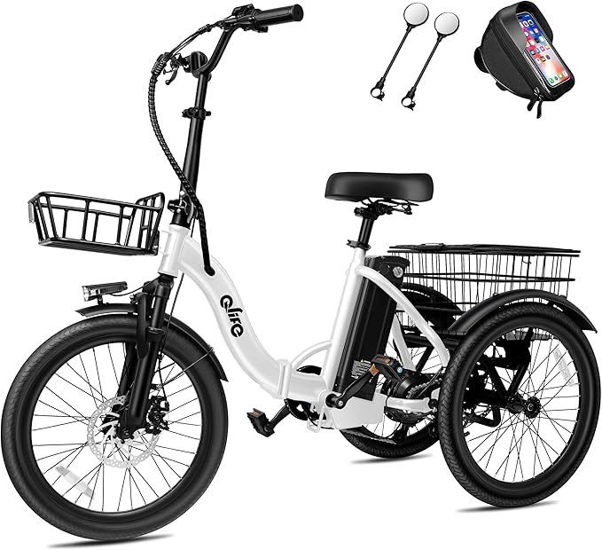 Qlife Triker Electric Bike, Peak 750W/1200W Brushless Motor Folding Trike Ebike, 499Wh Removable Battery, Step-Thru 3 Wheel Electric Bicycle, Up to 55 Miles, 20 Tire Tricycle for Adults