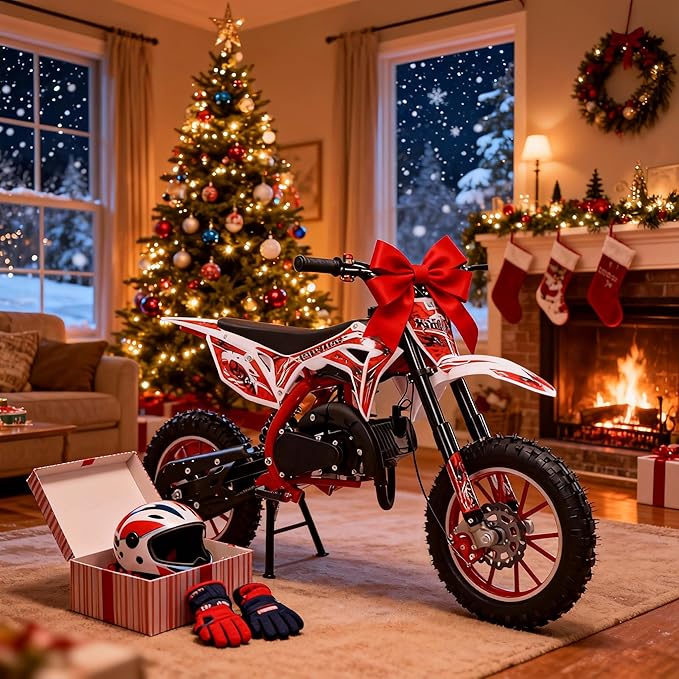 cdar 49CC 2-Stroke Kid Dirt Bike, Gas Dirtbike Children Motorcycle Gas Powered Off-Road Motorbike with Soft Seat Cushion Pocket Motorbike Front Rear Disc Brakes Birthday Gifts for Boys Girls 6-14 Red