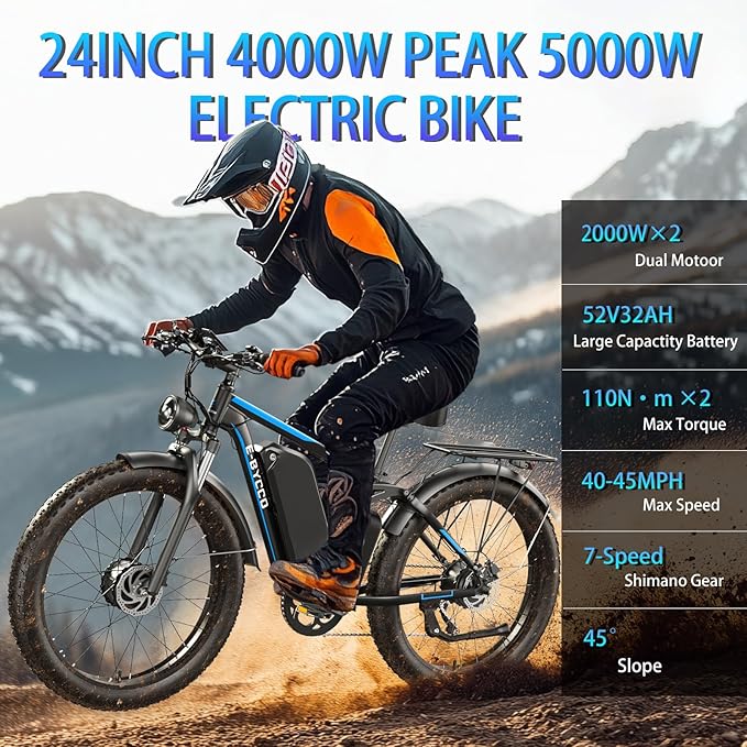 Electric Bike, Max 40-45MPH & 100 Miles, 5000W Peak Dual Motor Adult E-Bike, 52V 32Ah Battery Ebike, 24'' 26" Hydraulic Disc Brakes, Fat Tire All-Terrain Hunting Electric Bike, Full Suspension