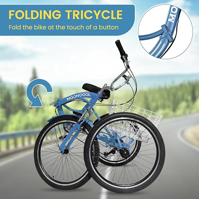 NAIZEA Folding Adult Tricycle - 7 Speed 20/24/26 Inch Folding Tricycle for Adult, 3 Wheel Bike, Foldable Trike with Large Basket/Low-Step Through for Men Women Senior