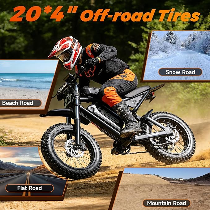 Electric Dirt Bike for Adults, 1500W-3000W Peak Ebike, 16"/20" Fat Tire All-Terrain E-Bike, Dual Suspension Off-Road Racing Machine for Camping & RV Travel, 48V/52V, UL 2849 Certified