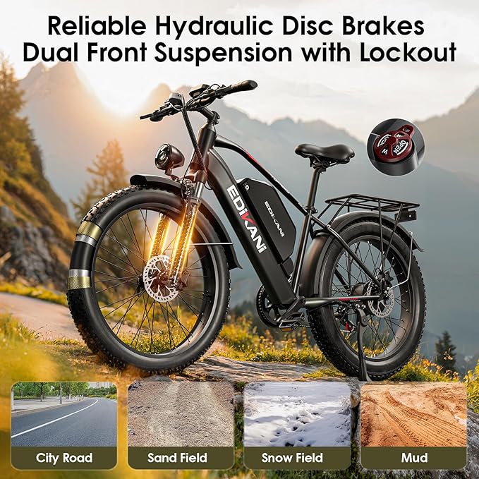 E Bikes for Adults Electric,51 MPH/48 MPH Fast Ebike Peak 5000W/3000W 32AH 52V 130 Miles Max, Dual Motor Electric Bike Fat Tire E Bike for Men, 26" Electric Bicycle for Snow Off-Road, Hydraulic Brakes