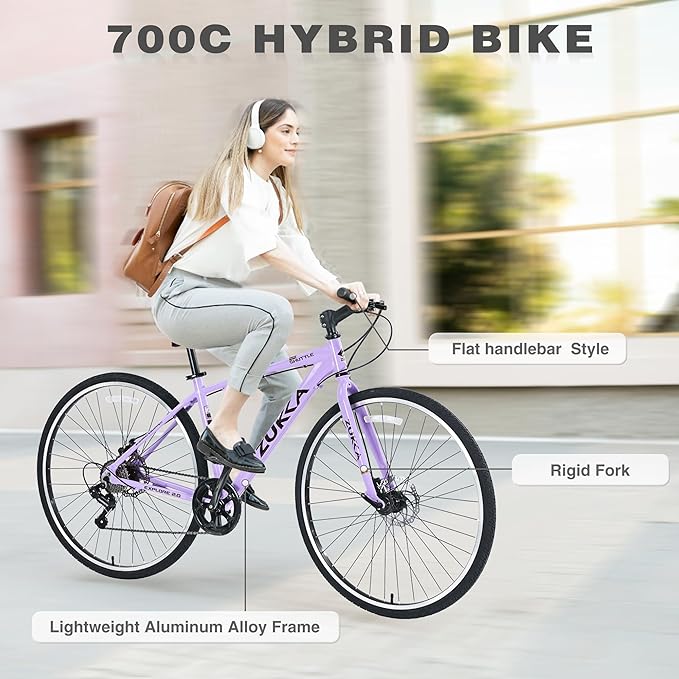 7 Speed Hybrid Bike, Aluminum Alloy Frame, Double Disc Brakes, 700C Road Bike, Fast Acceleration, Suitable Aerodynamic Riding Position for Men and Women City Bicycle