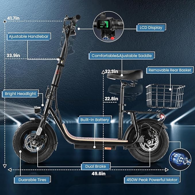 Caroma Peak 1200W/800W Electric Scooter with Seat, 30 Miles Max Range, Electric Scooter Adults, Up to 20MPH Foldable Escooter with Basket,Key Start Adjustable E-Scooter