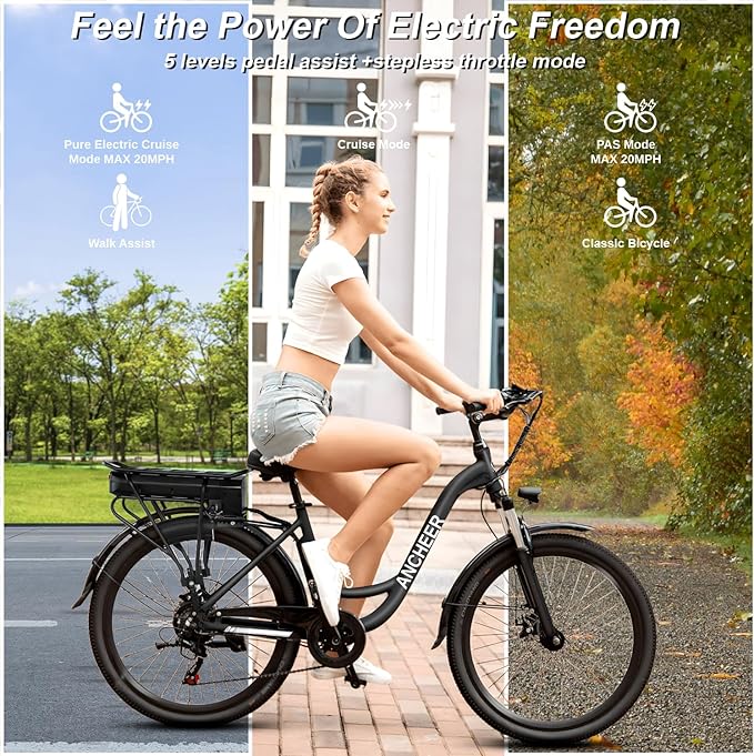 ANCHEER Electric Bike for Adults, 48V 500Wh EBike, UP to 60 Miles, Removable Battery, Fast-Charge, 26" Commuter Electric Bicycles, 7-Speed, LCD Digital Display, Suspension Fork, Cruise Control, UL2849