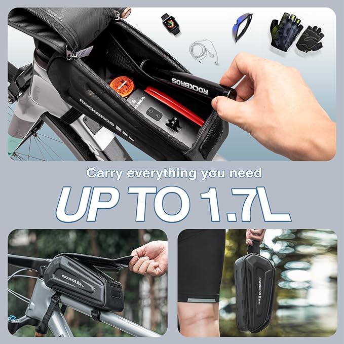 ROCKBROS Bike Phone Front Frame Bag Bicycle Top Tube Handlebar Bag 3D EVA Bike Phone Mount Holder Bag Bike Accessories Cycling Pouch 1.7L Compatible Phones Under 7”