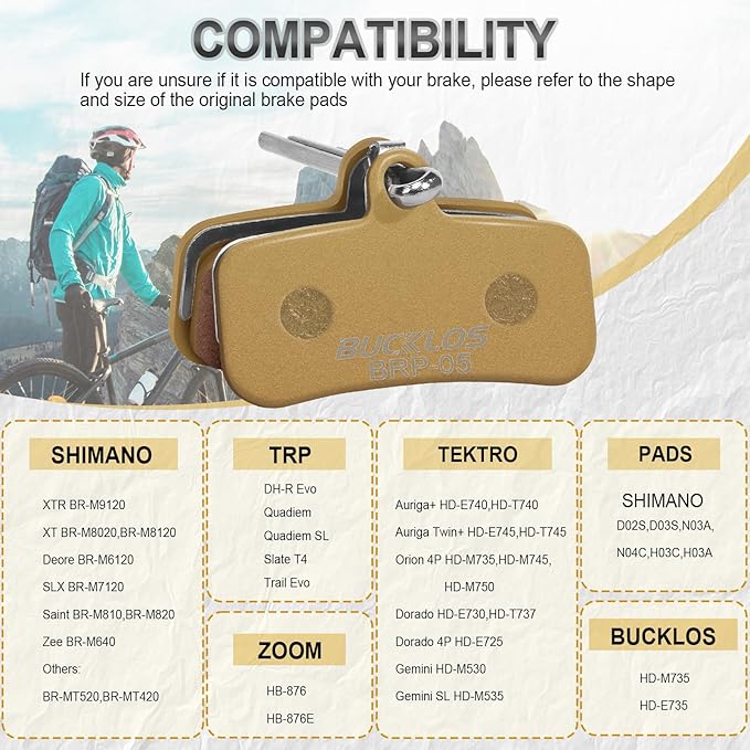 BUCKLOS Bike Disc Brake Pads - Bicycle Disk 4 Piston Pads for Shimano D02S D03S Saint Deore XT XTR SLX Zee/Tektro/TRP for Mountain Bike/Road Bike/Ebike/MTB