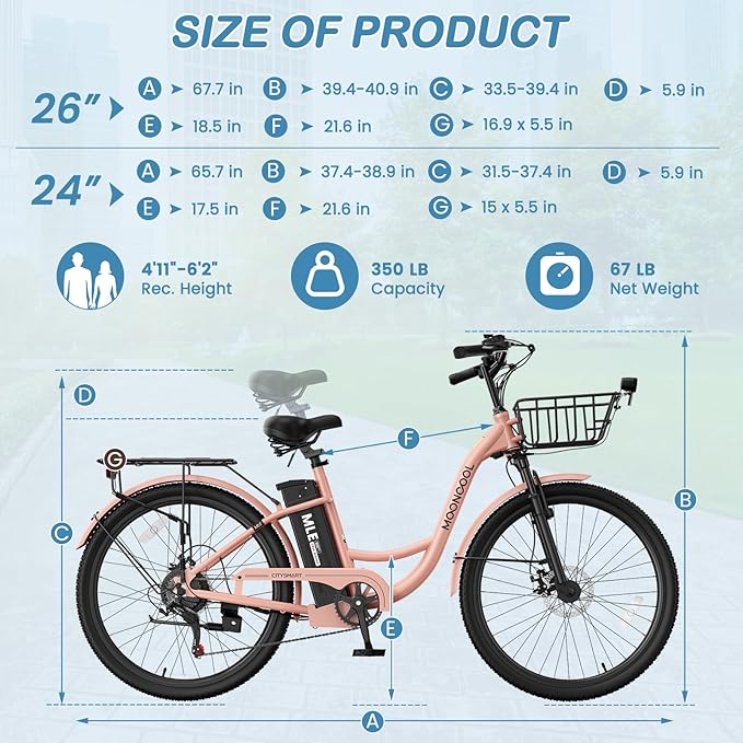 LILYPELLE Electric Bike for Adults, 700W Peak Power Commuter Ebike with 36V 10.4Ah Removable Battery, 7-Speed 24'' 26'' Tires City Cruiser Ebike E-Bicycle