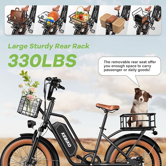 Electric Bike for Adults, 20"x 4" Fat Tire 35MPH Cargo Ebike with Seat, 1450W Peak 2 Seater Commute Bike with 48V 20AH Removable 960WH Battery, 80 Miles Max Range 7-Speed Step-Thru Electric Bicycle