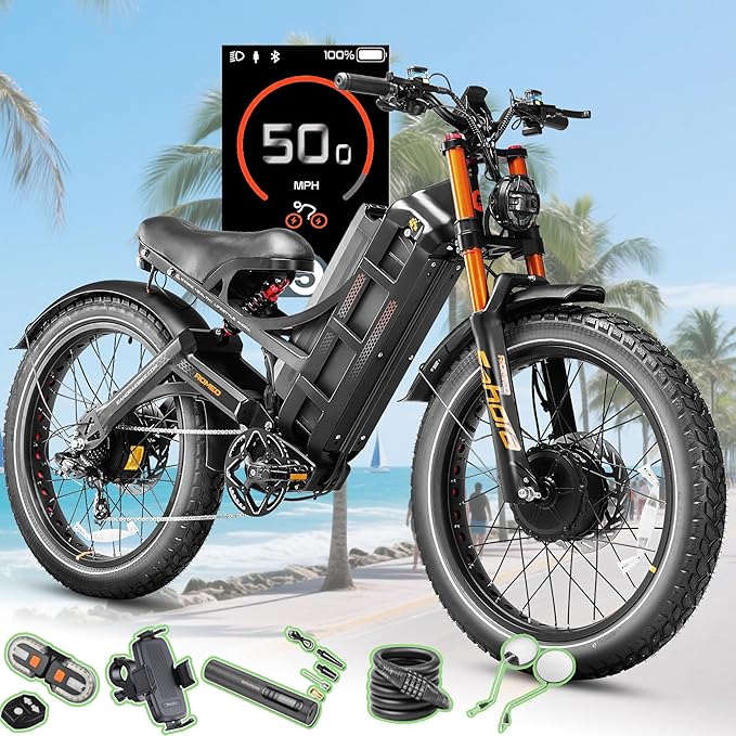 eAhora Romeo Pro 3/2 [2026] 46-50 Mph Electric Bike for Adults, Peak 5600W Dual Motor Ebike, 60V/52V 80Ah/70Ah 250 Miles Long Range E Bike, 26”*4.0 Fat Tire Air Full Suspension Off-Road E-Bike