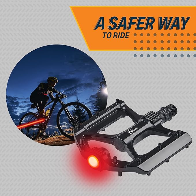 Bikeroo Black Light Up Mountain Bike Pedals for Night Morning, MTB Platform w/Grip Pins, All Metal Construction, 9/16" Spindle