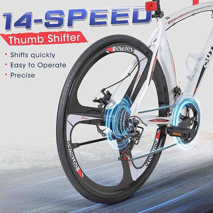 Outroad Hybrid Bikes, 26 inch 14/21 Speed 700C Wheel Road Bike with Light Aluminum Alloy Frame Commuter Bicycle with Dual Disc/V Brakes for Adult Women and Men Blue,Red,Black,White