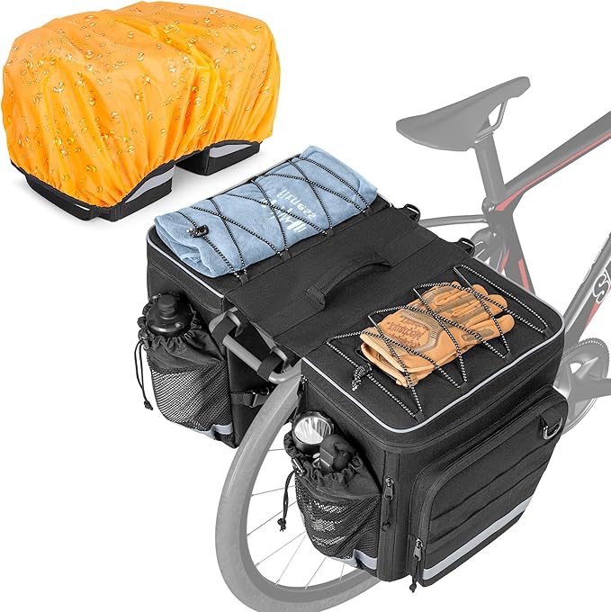 50L Bike Panniers with a Rain Cover, Bike Saddle Bag with Expandable Compartment and Multiple Pockets, Black