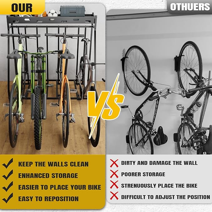 4 Bike Stand Steady Bike Rack Garage with Baskets Storage Indoor Bike Storage Rack Metal Floor Bicycle Station for Parking Suitable for Mountain, Hybrid, Adult and Kids Bikes