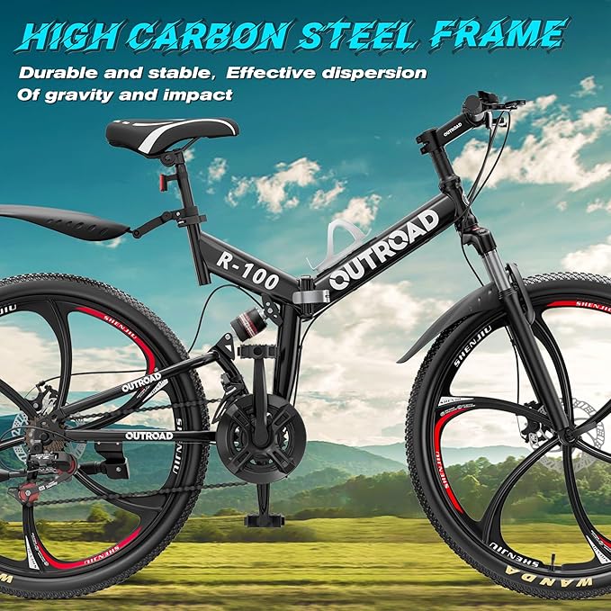 26" Foldable MTB – 21-Speed Full Suspension, High-Carbon Steel Frame, Dual Disc Brakes & Quick-Release Tires – Adults & Teens (Black)