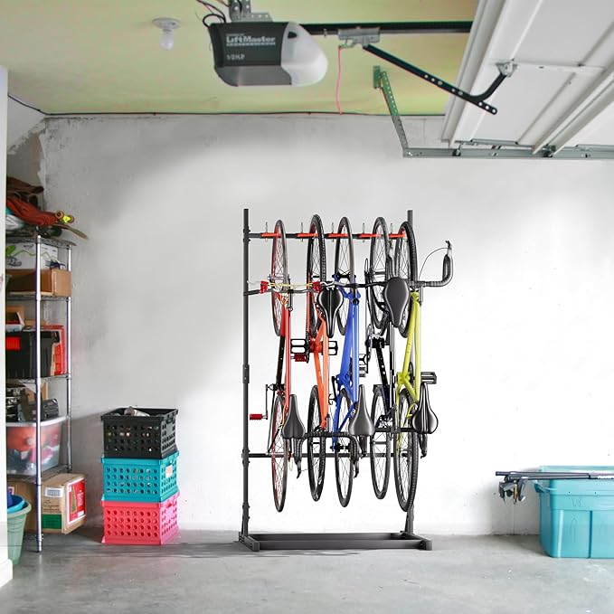 YOHKOH Freestanding Bike Rack 300LBS, 41" W x 35.4" D x 80.4" H Vertical Bike Stand with 5 Adjustable Hooks, PVC-Coated Hangers for Garage Indoor Storage, Space-Saving Floor Stand for 5 Bicycles