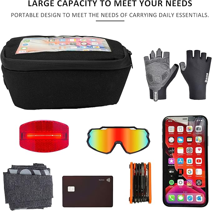 Bike Handlebar Bag – Waterproof Bicycle Handlebar Bag with Sensitive TPU Touchscreen Phone Holder, Front Frame Pouch for Road & Mountain Bikes, Large Capacity Cycling Storage Bag