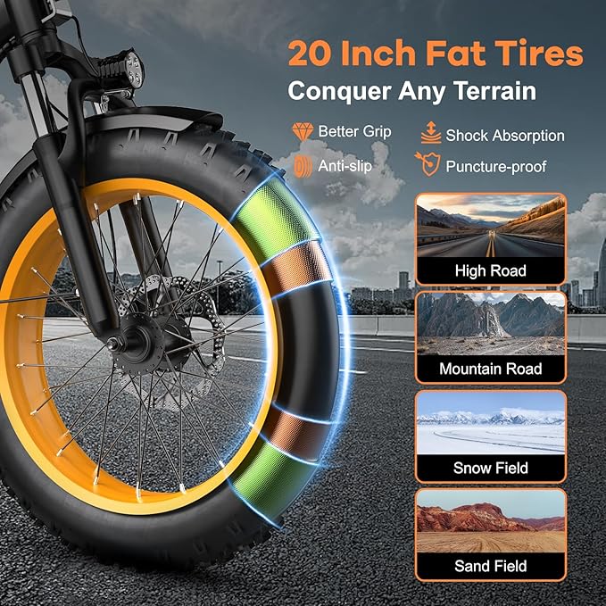 Folding Electric Bike for Adults with Peak 1000W Motor, 48V 20AH Battery up to 30MPH 80 Miles, 20" Fat Tire All Terrain Ebike, 7-Speed Commuter E Bike Black with Basket, Step-Thru, UL Certified