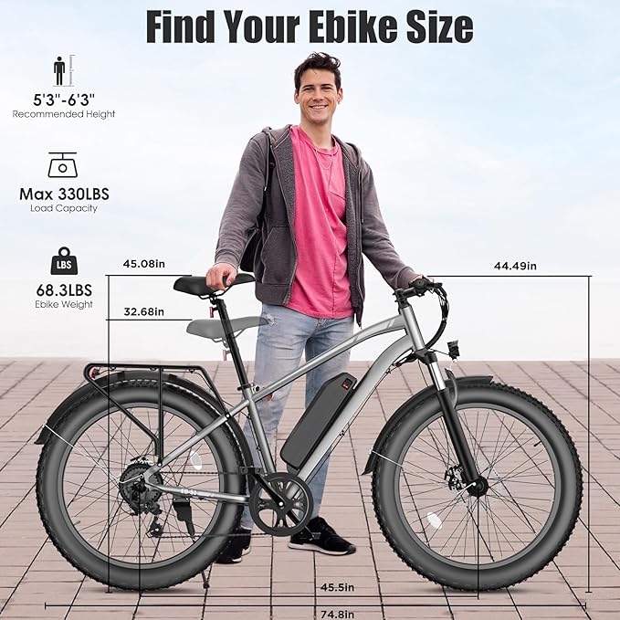 Electric Bike for Adults, 1000W Peak 25MPH 60Miles Ebike,48V 13AH Battery Electric Mountain Bike, 26" x 4'' Fat Tire Electric Bicycle with Rear Rack, Fenders, 7 Speed, UL 2849 Certified