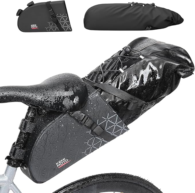 KEMIMOTO Bike Seat Bag Detachable, 11-13L Fully Waterproof Bicycle Saddle Pack with Reflective Panel, Reinforced PP Hardboard Base & Elastic Storage Bikepacking Pouch for MTB Road Bikes E-Bikes