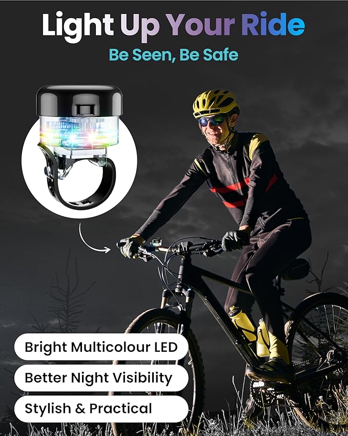 Bike Bell for Kids & Adults, LED Light Up Bike Bell Loud Crisp Sound Bicycle Bell with 3 Lighting Mode, Rechargeable Adjustable Strap Bike Accessories Fits Most City Bike Mountain Bike Children's Bike