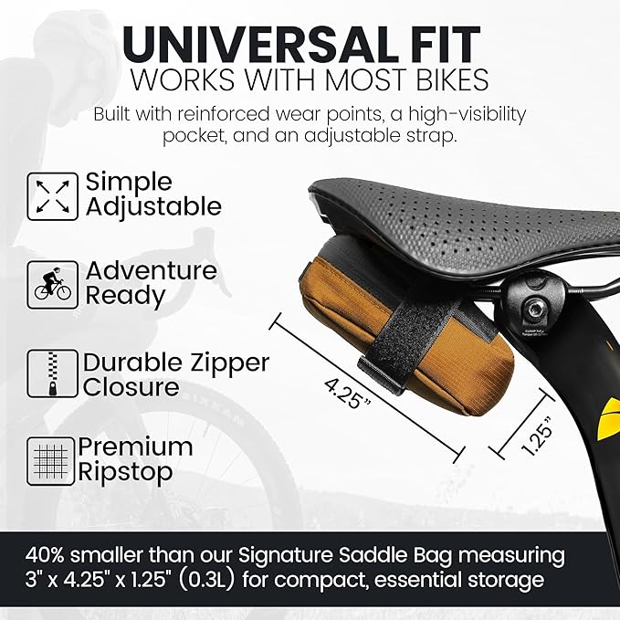 ALMSTHRE Compact Bike Saddle Bag – California Gold (Small) | 0.3L Bike Seat Bag (3" x 4.25" x 1.25") | Water-Resistant Ripstop, Waterproof Zipper, Internal Pocket | Durable Under Seat Storage