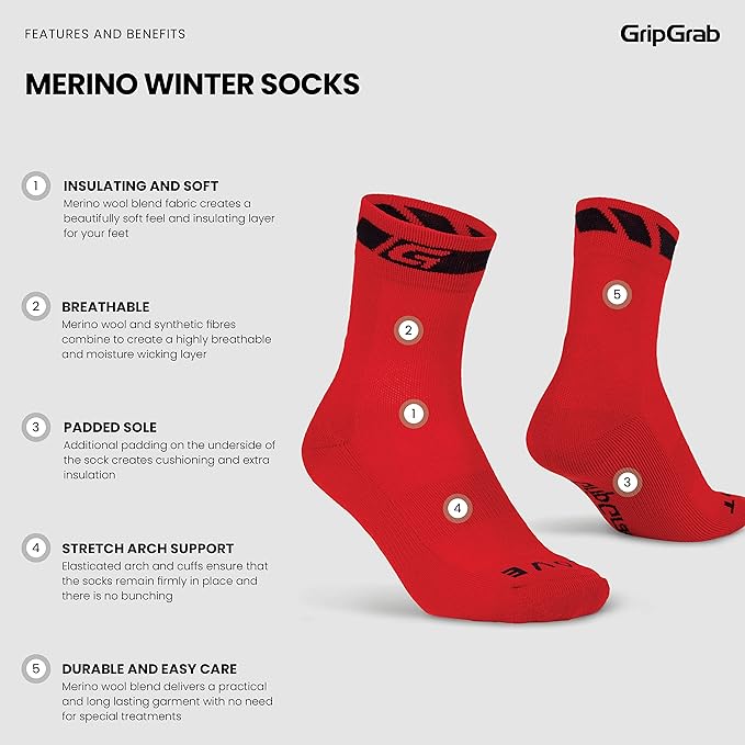 GripGrab Merino Winter Cycling Socks Insulated Thermal Padded Cushioned Breathable Warm Soft Thick Wool Bike Sock