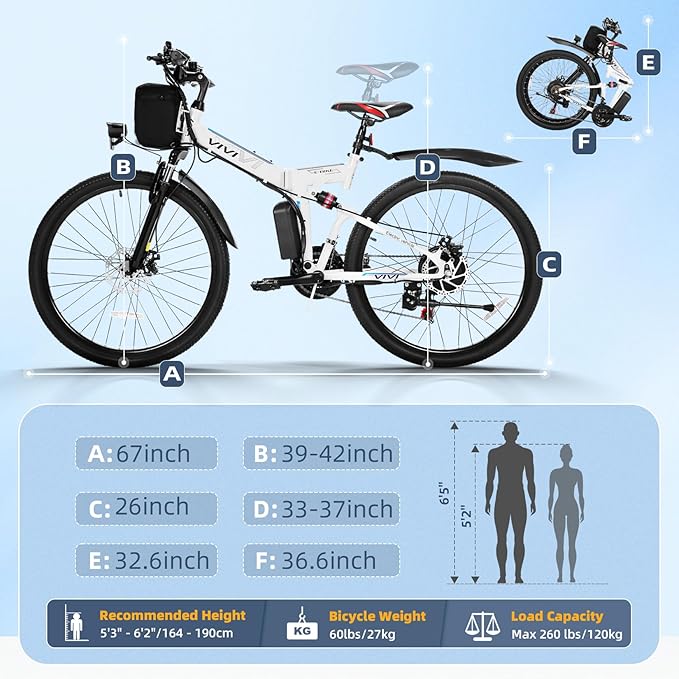 Vivi M026TGB Electric Bike 26" Electric Bike for Adults, Peak 750W Folding Electric Mountain Bike, 48V Removable Battery Ebike, 21 Speed Ebike, Top 22 Mph, Up to 50 Miles, SGS Certified to UL2849