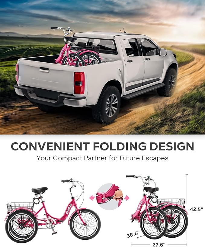 VIRIBUS Folding Tricycle for Adults, 20 inch Foldable Adult Tricycle 1 or 7 Speed Speed with Basket, Folding 3 Wheel Bikes for Adults Senior Women Men, Collapsible Mini Trike, Three Wheeler 330lb.
