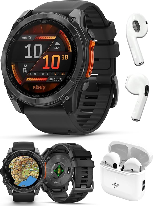 PlayBetter Garmin Fenix 8 AMOLED (51mm, Slate Gray/Black) Multisport GPS Smartwatch Bundle - 1.4” Touchscreen, Built-in LED Flashlight Wireless Running Earbuds