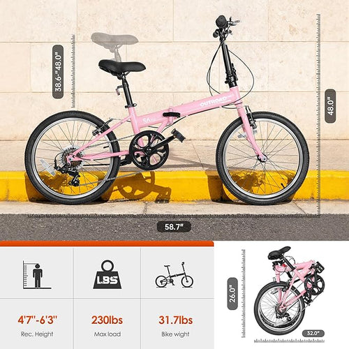 20 inch Folding Bike, 7-Speed Lightweight Foldable Bicycle,Compact Commuter City Bike with Adjustable Stem&Seat,Portable Collapsible Bike for Adults/Men/Women,White,Pink,Black,Blue