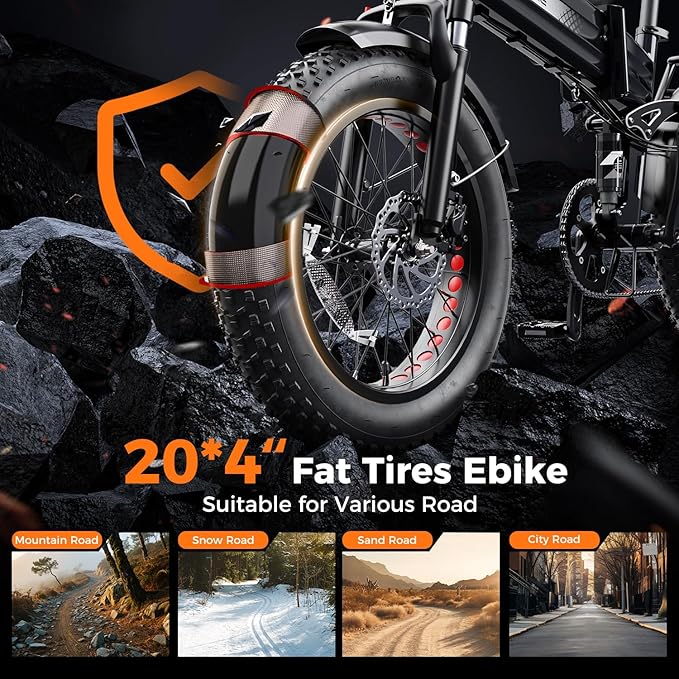 Heybike Mars 2.0/3.0 Foldable Electric Bike, UL2849 Certified, 70+Miles Long Range, 1400W/1800W Peak Motor 32MPH, 624WH Removable Battery, 20"*4 Fat Tire Ebike for Snow, Commute, Full Suspension
