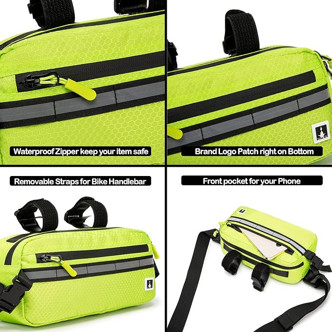 ROYALFAIR Waterproof Bike Handlebar Bag with Reflective Strips & Shoulder Strap, Bicycle Front Frame Storage Pouch for Mountain Road Cycling Commuting (Neo Green)