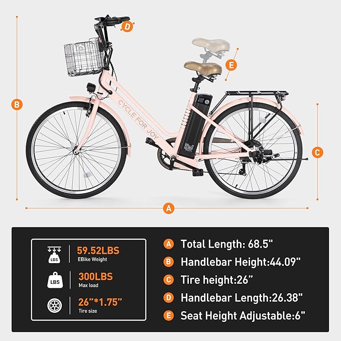 26" Electric Bike,1000W Peak City Cruiser Ebikes,20MPH 70Miles Step Thru Electric Bicycle with 48V Removable Battery,Detachable Foldable Basket,Rear Rack(TUV & UL2849)