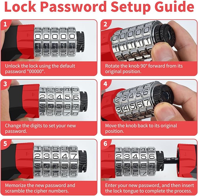 Bike Chain Lock Upgrade Metal Digital Dials 3.2Ft Long High Security Heavy Duty Anti Theft, 5 Digit Combination Keyless Bicycle Lock for Bike/Electric Scooter/Ebike/Motorcycle(Red)