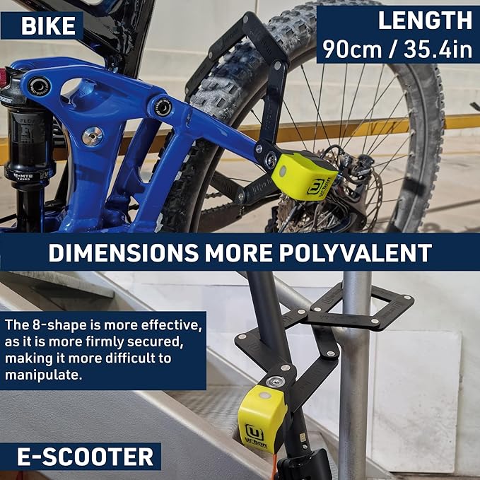 URBAN UR476Y Double Security Bike Lock | Smart Alarm, 120dB, LED Alert, Warning | Most Secure & Deterrent | Folding Locks Heavy Duty AntiTheft for Bicycle Electric Scooter, More Convenient Case, 90cm