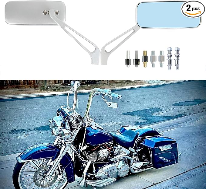 8mm/10mm Silver Rectangle Motorcycle Rear view Side Mirrors for Cruiser Chopper Honda Kawasaki Suzuki Yamaha (Silver with Harley Screw)