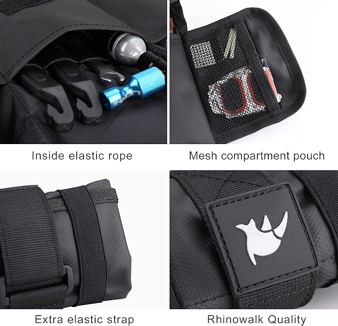 Rhinowalk Bike Tool Storage Bag with Elastic Straps Foldable Bicycle Repair Tool Pouch for Top Tube, Frame Triangle or Saddle Mount Multi-Compartment Design for Tire Repair Kits & Gear (Black)