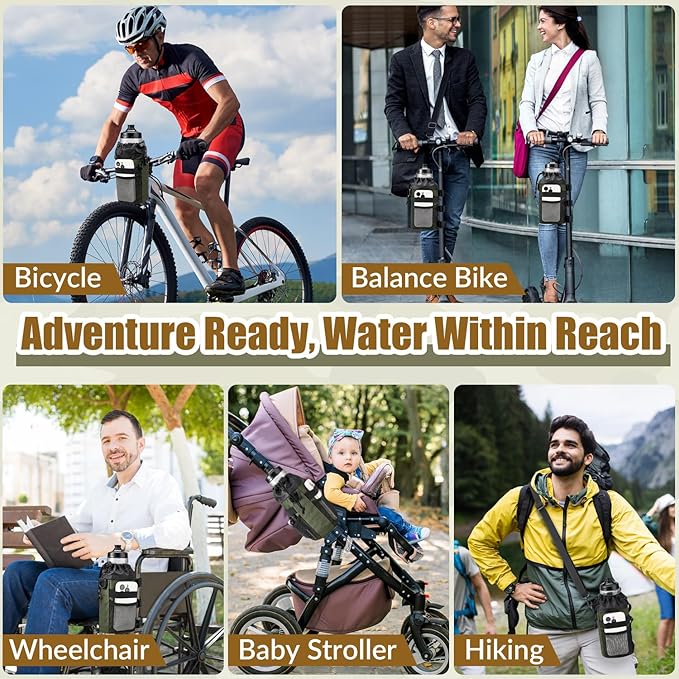 WOTOW Bike Water Bottle Holder- Insulated Bicycle Cup Holder with Shoulder Strap, Bike Drink Holder with Phone Storage for Adult Kids, Handlebar Cycling Water Bottle Cage for Mountain Touring (Large)