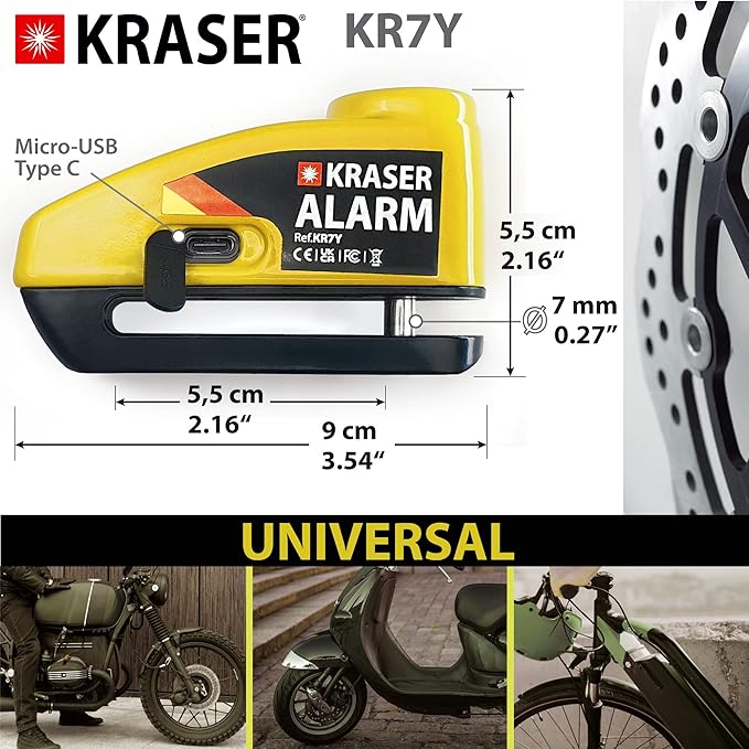 KRASER KR7Y Alarm Disc Lock USB Rechargeable Battery, 110dB Motion Sensor, Waterproof +Visible, 7mm Pin, Carry Pouch, Universal Anti Theft Wheel Brake Lock for Motorcycle Scooter Bicycle Electric Bike