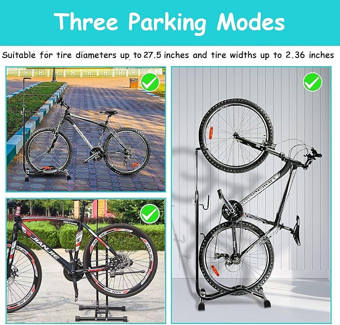 3 in 1 Bicycle Floor Stand - Freestanding Upright Parking Storage Rack, Space Saver, Suitable for Mountain Bike, Road Bike, Max Wheel Diameter 27.5 Inches