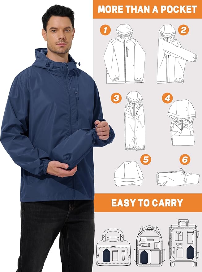 Men's Cycling Jacket Rain Jacket Waterproof Windbreaker Raincoat Running Hiking Gear Hood Lightweight Packable