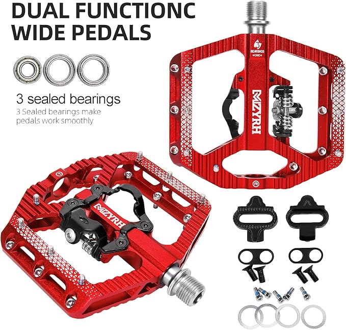MZYRH MTB Mountain Bike Pedals 3 Bearing Flat Platform Compatible with SPD,Dual Function Sealed Clipless Aluminum 9/16" Pedals with Cleats for Road