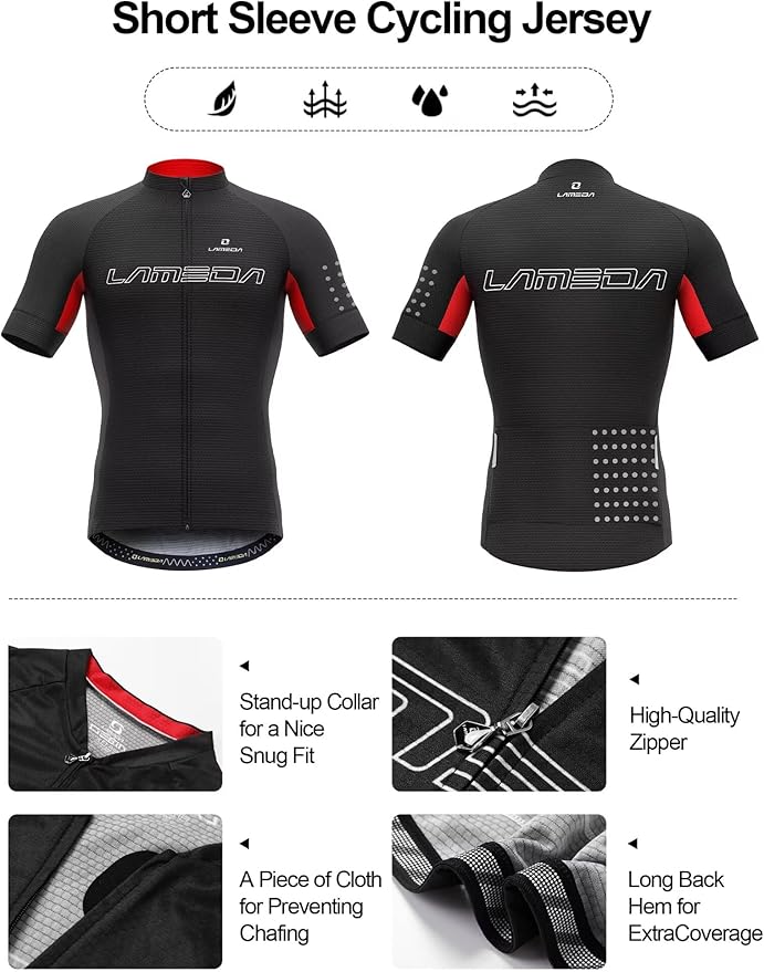 LAMEDA Men's Cycling Jersey Breathable Lightweight Short Sleeve Elastic Pro Road Bike Shirt Full Zip
