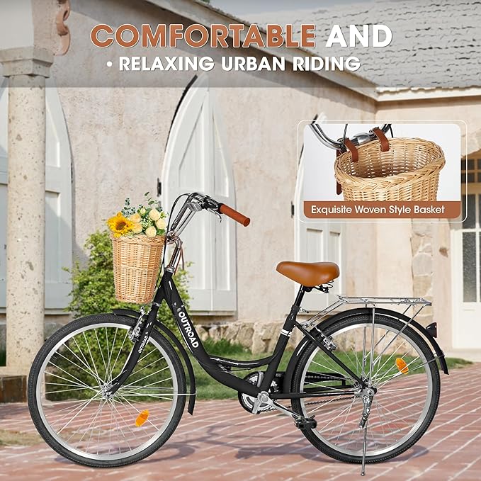 Outroad Comfort Bike for Women, 24/26 Inch Commuter Bicycle for Adult Men and Women, High-Carbon Steel Comfortable City Bikes with Rear Rack or Basket