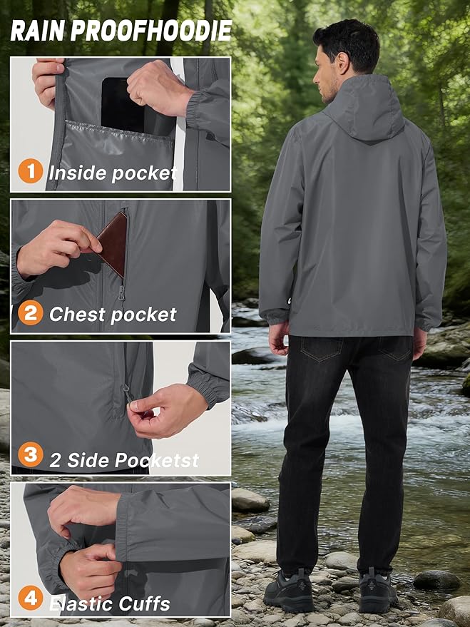 Men's Cycling Jacket Rain Jacket Waterproof Windbreaker Raincoat Running Hiking Gear Hood Lightweight Packable