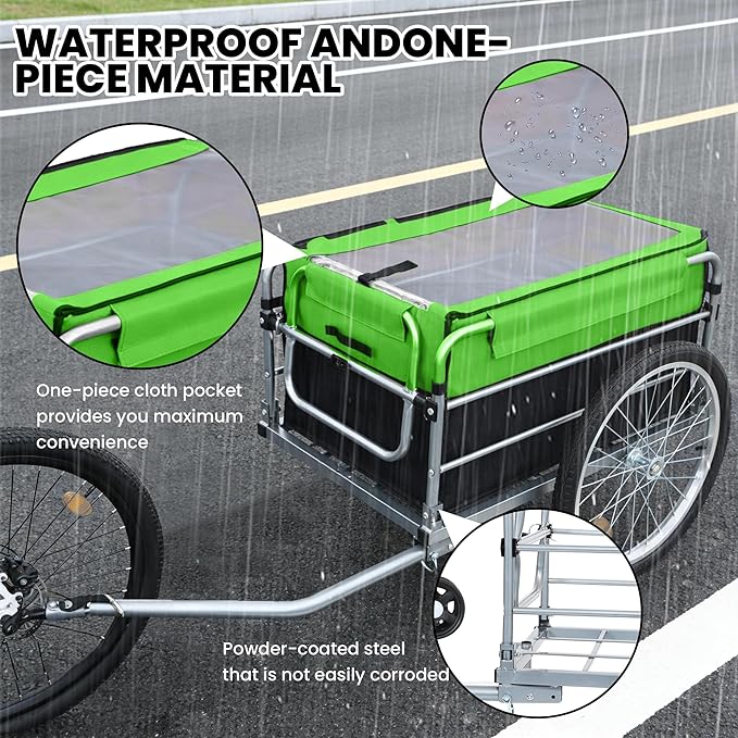 Aluminum Bicycle Trailer, Foldable Bike Cargo Trailer with Universal Hitch, Removable Oxford Fabric Cover, Bicycle Trailers Folding, for Camping, Groceries, 220 LBS Load Capacity, Black+Green