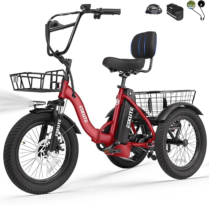 ESKUTE E Trike Electric Bike, Peak 1200W Brushless Motor Folding Trike 18X3.0 Fat Tire Ebike, 624Wh Removable Battery, Step-Thru 3 Wheel Electric Bicycle, Up to 55 Miles, 18MPH+ Tricycle for Adults